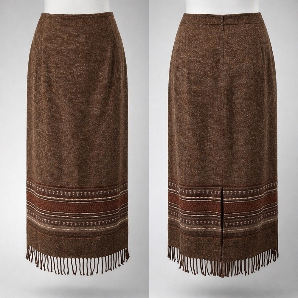David Brooks Brown Wool Blend Tweed Fringe Southwestern Midi Skirt‎ Size 8